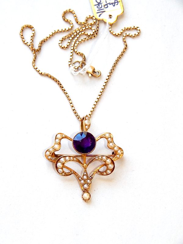 Victorian, Gold, Seed Pearl & Amethyst pendant Brooch - Image 3