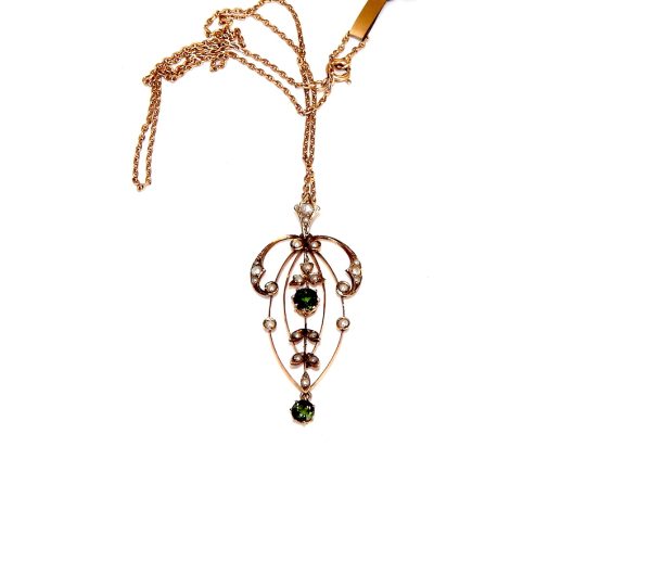 Antique Tourmaline and seed Pearl Pendant Necklace