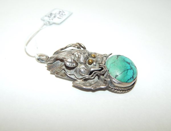 Vintage Silver and Turquoise Dragon Pendant - Image 2