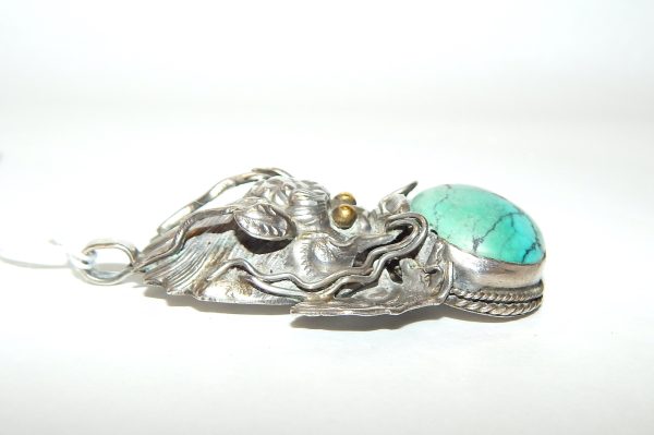 Vintage Silver and Turquoise Dragon Pendant - Image 3