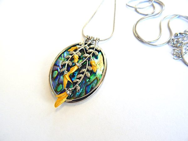 N.Z. Paua Shell Pendant necklace with Kōwhai Flower Detail