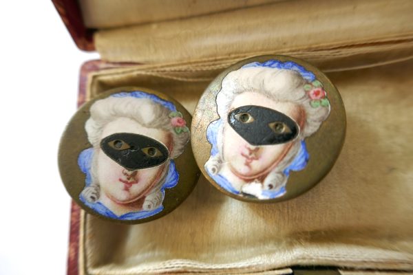 Pair of very RARE Antique Masquerade Enamel Georgian buttons with the original box