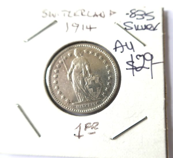 Switzerland 1914 1 Fr coin. .835 silver