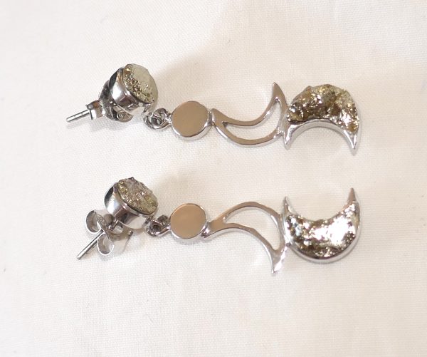 Pyrite and Silver Moon drop earrings - Image 2