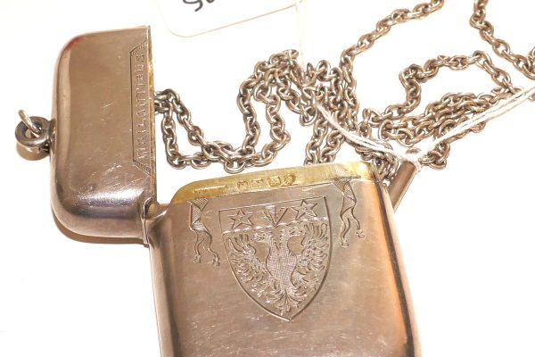 Sterling Silver VIGILANTIBUS Victorian Vesta box and chain
