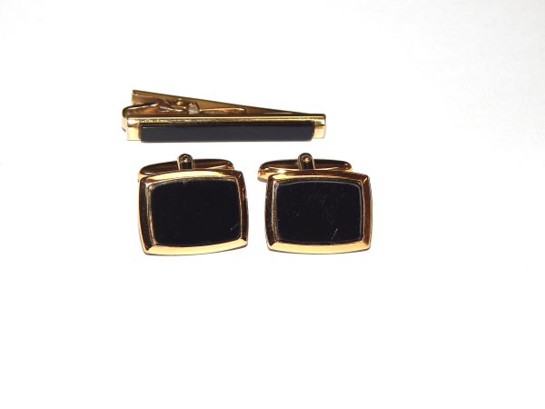 Vintage Onyx Cufflinks and Tie Pin Set