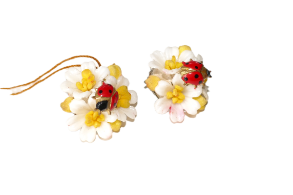 Vintage Plastic flower earrings with little metal Lady Birds - Image 2