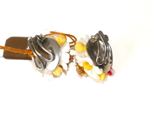 Vintage Plastic flower earrings with little metal Lady Birds - Image 3