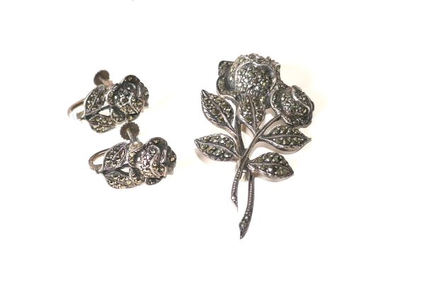 Sterling Silver and Marcasite, Rose Brooch and clip on earrings