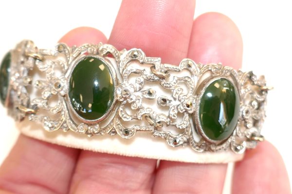 Vintage NZ Greenstone Pounamu Silver and Marcasite bracelet - Image 2