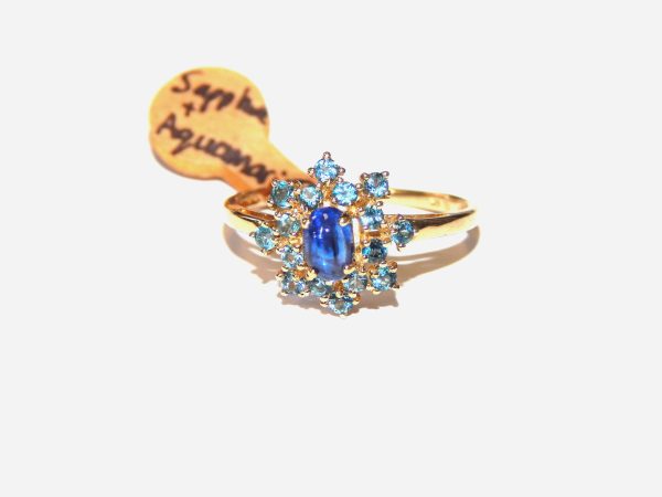 9ct Yellow Gold Aquamarine and Sapphire Cluster Ring