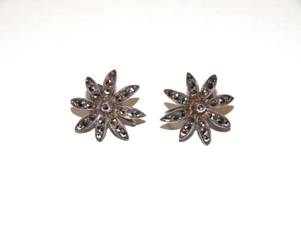 Sterling Silver  Marcasite Screw-On Earrings