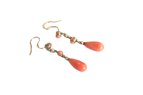 Antique, 9ct Gold Coral & Seed pearl drop earrings