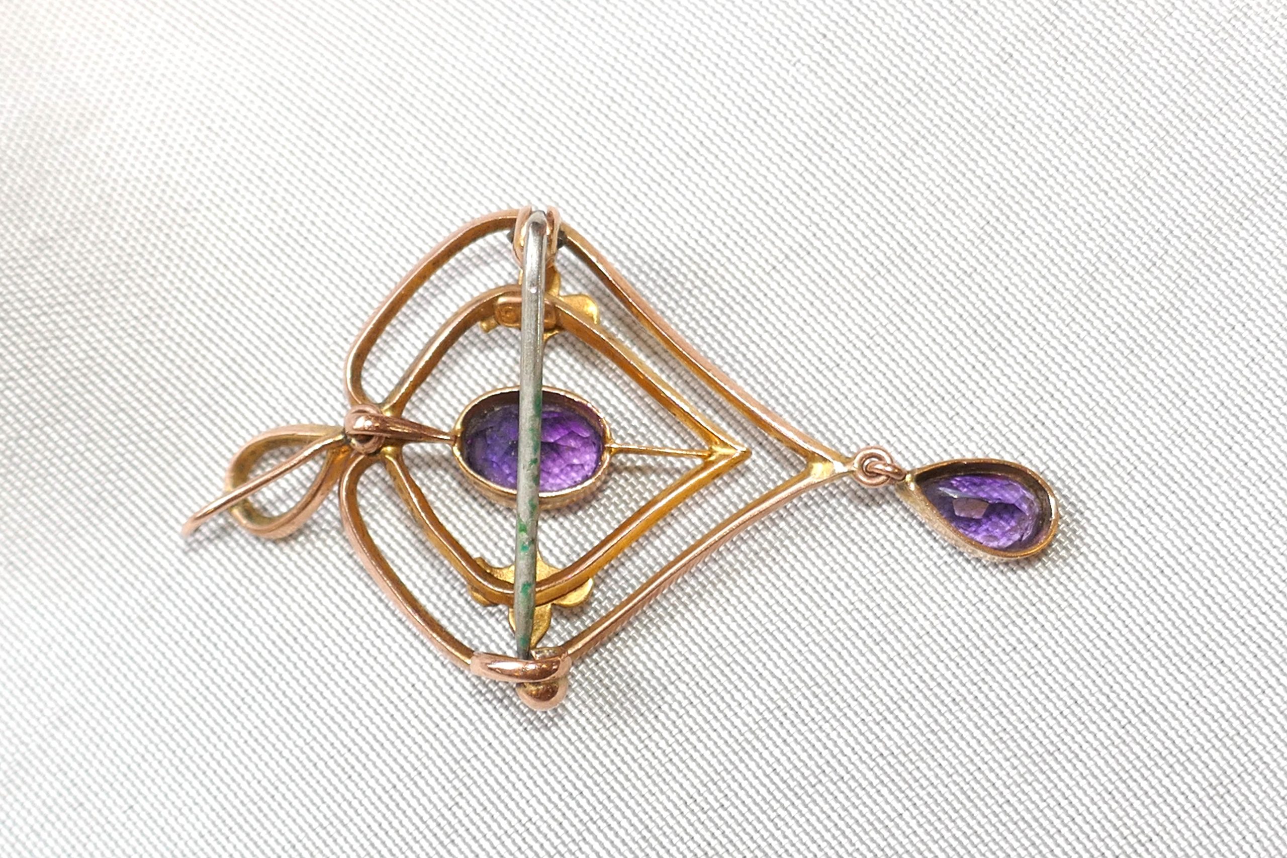 9ct ROSE Gold Amethyst and Seed Pearl Pendant / Brooch - Image 3