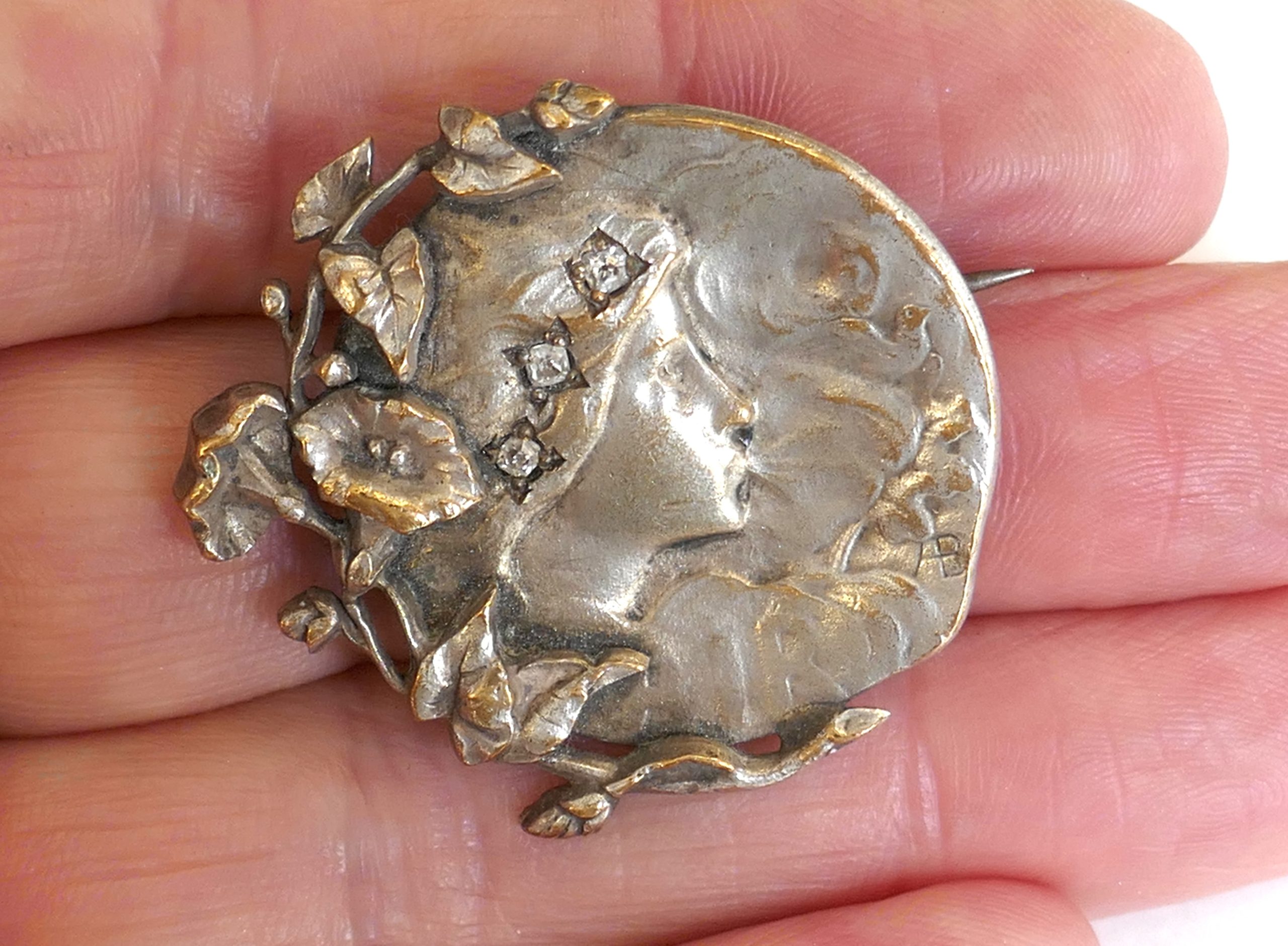 FRENCH Art Nouveau , Armanel Borgas Silver plated Diamond set Brooch - Image 3