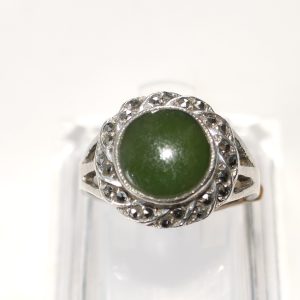 Sterling Silver Greenstone and Marcasite Ring