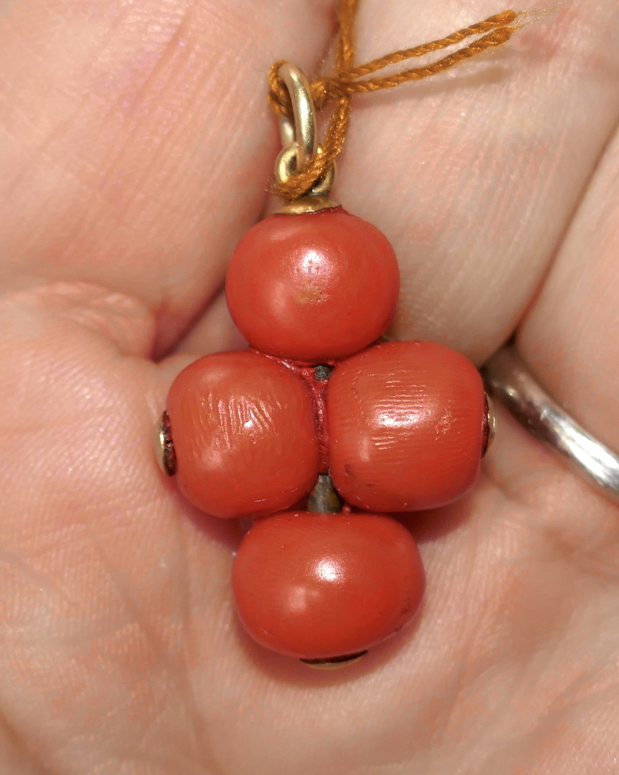 Antique 4 Bead Coral and Gold Pendant - Image 2