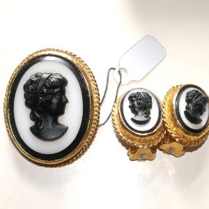 Vintage Glass Cameo Brooch and Clip on earring set