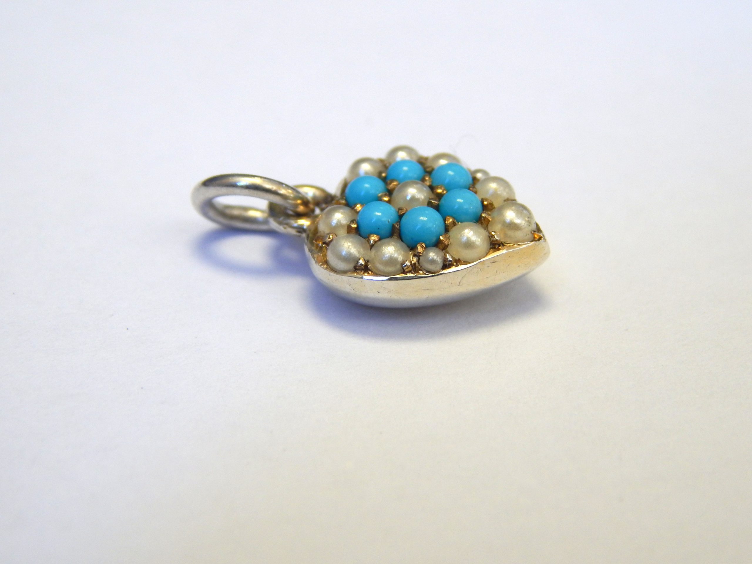 Antique Sterling Silver Pearl & Turquoise Heart Pendant - Image 3